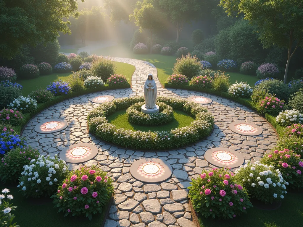 Circular Rosary Prayer Path Garden - A serene aerial view of a circular garden path meandering like a rosary, photographed in soft morning light. The path is made of natural stone pavers interspersed with larger circular meditation stations. Each bead station is marked by glowing white cobblestones surrounded by clusters of pink and white roses. The path is bordered by traditional Marian flowers including blue delphiniums, white lilies, and purple irises. In the center, a small ornate statue of Mary stands in a peaceful grotto surrounded by climbing roses. The garden has a mystical, ethereal quality with gentle mist hovering above the ground, photorealistic style, 8k resolution.