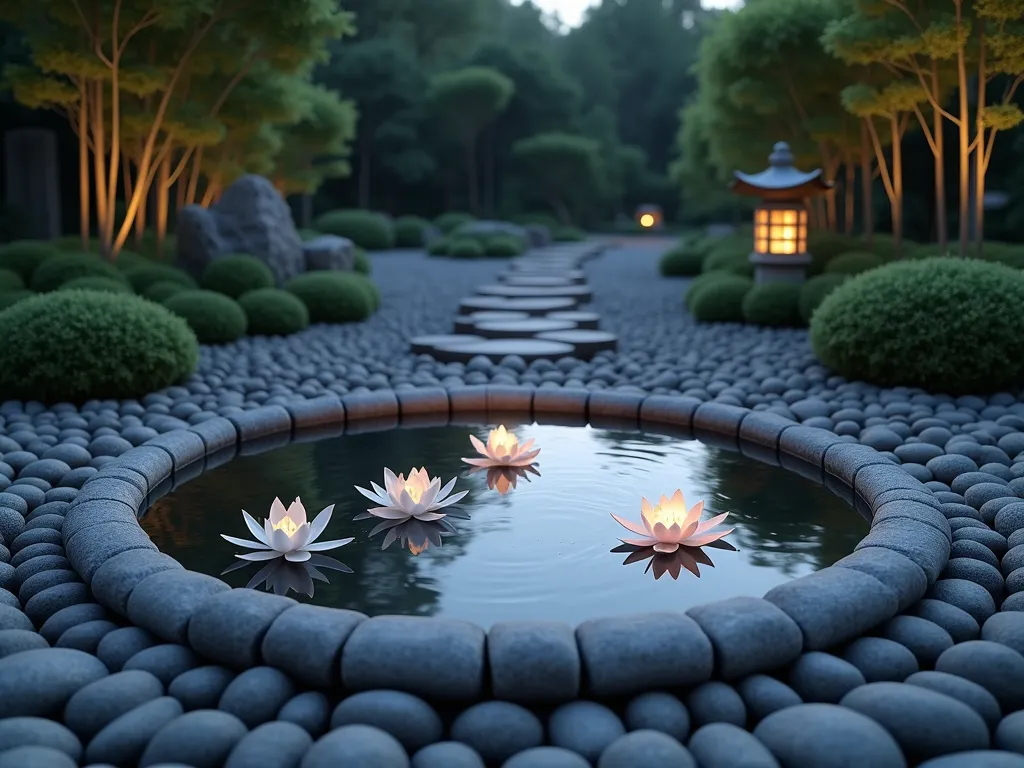 Zen Reflection Pool Prayer Garden - A serene small circular reflection pool in a Japanese zen style garden, surrounded by smooth black and white river stones in concentric circles. Crystal clear water mirrors the sky, with three pure white water lilies and floating tea lights creating gentle ripples. Minimalist bamboo and dwarf Japanese forest grass frame the edges, while a simple stone lantern stands as a quiet sentinel. Soft twilight lighting creates a mystical atmosphere with gentle reflections on the water's surface. Photorealistic, high detail, peaceful atmosphere.