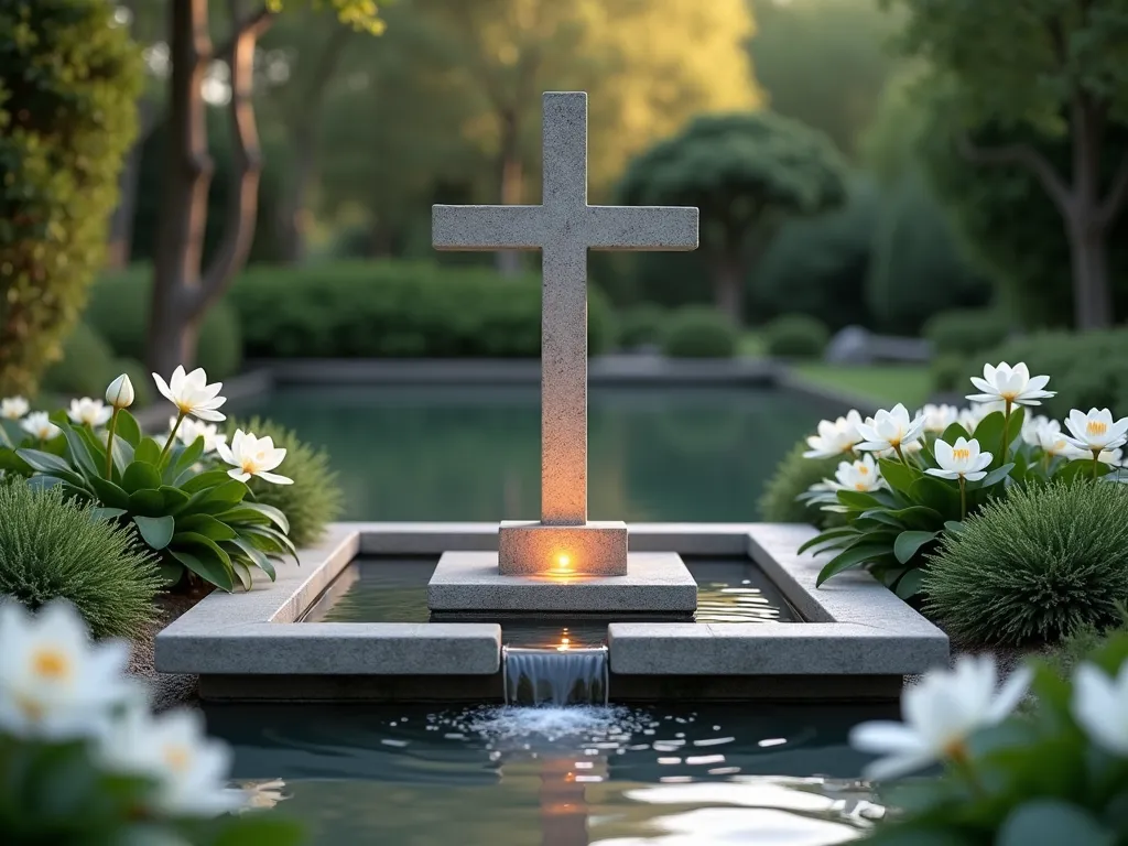 Serene Cross-Shaped Garden Fountain - A tranquil garden scene featuring an elegant cross-shaped water feature with gently flowing water, surrounded by lush white peace lilies and fragrant gardenias. The fountain is crafted from natural stone in a minimalist design, with water flowing smoothly along the channels. Soft evening light casts a gentle glow on the water's surface, creating subtle reflections. White blooms frame the fountain in a harmonious arrangement, while small LED lights illuminate the water feature. The overall composition emphasizes peaceful contemplation and spiritual serenity, captured in a photorealistic style.