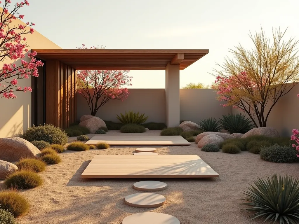 Desert Rose Zen Prayer Garden - A serene minimalist desert prayer garden at golden hour, featuring elegant desert rose plants with pink blooms arranged around a floating wooden platform prayer mat. A modern slatted pergola casts gentle shadows across the space. Smooth river rocks and fine golden sand create flowing patterns in Japanese zen garden style. Complementary succulents and small agave plants dot the landscape. The scene is peaceful and meditative, with soft natural lighting and a subtle sense of spiritual tranquility. Architectural photography style, high-end landscape design.