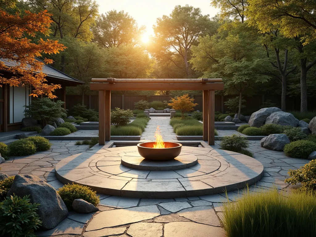 Four Elements Sacred Garden Circle - A serene circular prayer garden at golden hour, divided into four harmonious sections representing the elements. A central stone meditation circle connects the quadrants. The fire section features a copper fire bowl with dancing flames. The water section includes a small cascading stone fountain. The air section has metal wind chimes hanging from a curved bamboo arch. The earth section showcases natural boulders and zen-inspired rock arrangements. Japanese maples and ornamental grasses provide gentle movement. Soft ambient lighting illuminates the pathways. Photorealistic, spiritual atmosphere, architectural photography style.