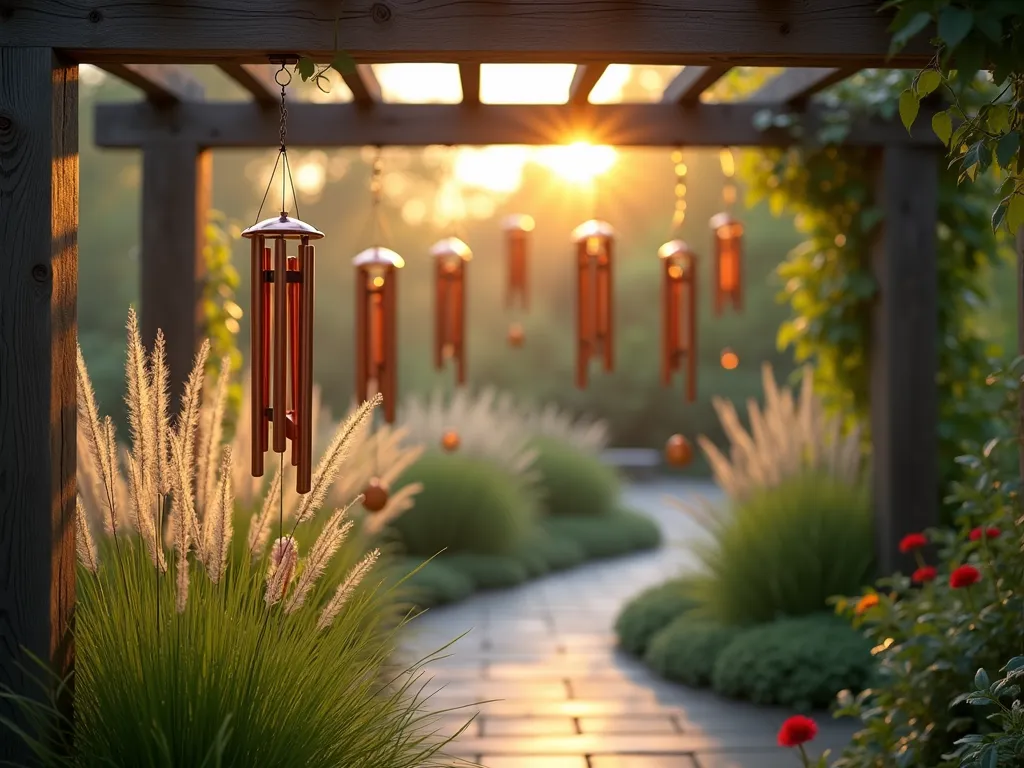 Harmonious Wind Chime Garden - A serene garden scene at golden hour with multiple copper and silver wind chimes hanging from a weathered wooden pergola. Tall, wispy Miscanthus and Japanese Forest Grass sway gently in the breeze beneath the chimes. Sunlight filters through the chimes creating ethereal patterns on a peaceful stone path below. Soft bokeh effect with warm, muted tones. Zen-inspired composition with a contemplative atmosphere.