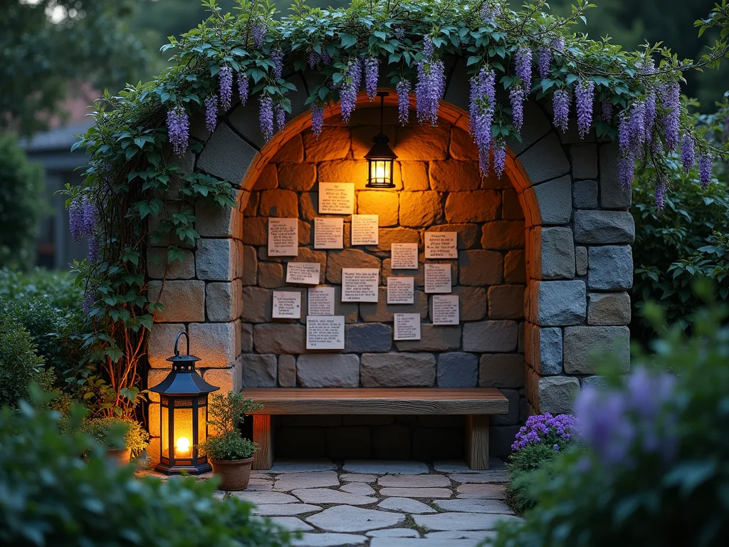 Intimate Prayer Wall Garden at Dusk - A serene garden scene featuring a weathered stone prayer wall adorned with climbing jasmine and wisteria vines, photographed at dusk. Soft landscape lighting illuminates handwritten prayer notes tucked between the stones. A handcrafted wooden meditation bench sits nearby beneath the cascading vines. Warm lantern light creates a peaceful ambiance, casting gentle shadows. Architectural photography style, mystical atmosphere, cinematic lighting.