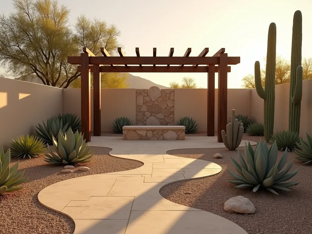 Minimalist Desert Prayer Garden at Sunset - A serene minimalist desert prayer garden at golden hour, featuring sculptural agave plants and tall saguaro cacti casting long shadows. A simple stone meditation bench sits beneath a rustic wooden pergola. The garden is landscaped with sweeping curves of raked sand and carefully placed limestone rock formations. Soft sunset light filters through the pergola, creating a contemplative atmosphere. Desert pebbles and golden sandstone pathways wind through the space. Photorealistic, architectural photography style, soft lighting, 8k resolution.