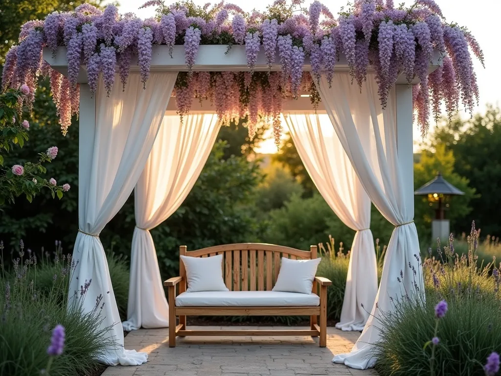 Serene Pergola Prayer Sanctuary - A tranquil white wooden pergola in a lush garden setting, beautifully draped with cascading purple wisteria and soft pink climbing roses. Soft natural light filters through the flowering vines. Inside, a comfortable weathered teak meditation bench with plush white weather-resistant cushions sits peacefully. Sheer white flowing curtains tied to the pergola posts create a sense of sacred space and privacy. The scene is captured during golden hour, creating a ethereal, spiritual atmosphere. Soft garden greenery surrounds the base of the pergola, with lavender plants adding subtle purple accents.