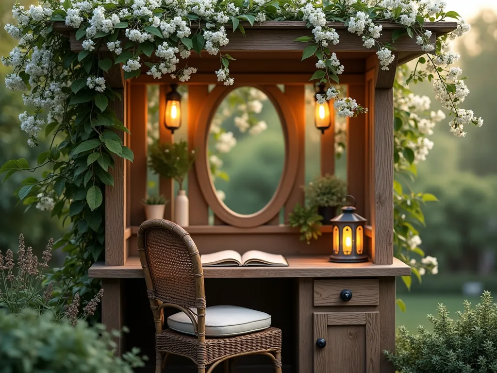 Serene Prayer Journal Nook - A cozy wooden writing nook in a garden setting, featuring a small rustic desk beneath a weatherproof pergola draped with blooming white jasmine vines. A comfortable cushioned wicker chair sits at the desk, where an open leather-bound journal rests. Warm solar lanterns provide gentle illumination, creating a peaceful ambiance. The surrounding garden includes soft greenery and the desk has a small weatherproof cabinet for journal storage. Captured in gentle morning light with a dreamy, ethereal quality, photorealistic style.