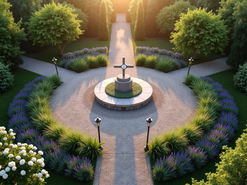 Sacred Circle Prayer Garden with Central Altar - Overhead view of a serene circular prayer garden at golden hour, featuring a natural stone altar as the central focal point. The garden is divided into four symmetrical sections by winding gravel paths. Tall ornamental grasses and white flowering dogwood trees create privacy at the perimeter, while concentric rings of lavender, white roses, and blue salvia form a gradient of height toward the center. Meditation benches are placed at cardinal points, and delicate solar lanterns illuminate the paths. The entire scene is captured with soft, ethereal lighting and morning mist, suggesting spiritual tranquility.