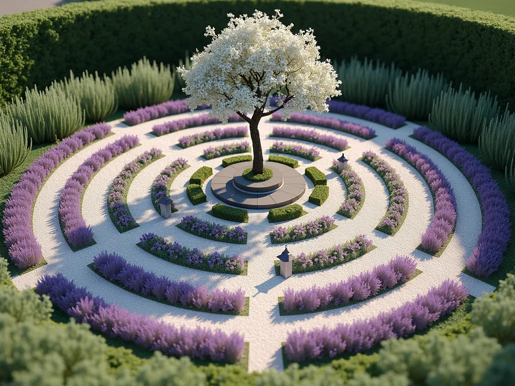 Sacred Geometry Prayer Garden with Flower of Life Pattern - A serene aerial view of a small prayer garden designed in the sacred Flower of Life pattern, with concentric circles forming geometric perfection. Purple lavender and white alyssum create alternating rings, intersected by pale gravel pathways that form the sacred geometry pattern. At the center, a circular meditation space with a small stone bench sits beneath a flowering cherry tree. Oriental lanterns mark key intersections, while creeping thyme fills the spaces between paths. The garden is bordered by tall ornamental grasses that sway gently in the breeze. Soft morning light casts gentle shadows across the geometric patterns, creating a mystical atmosphere. Photorealistic, 4K, architectural garden design.