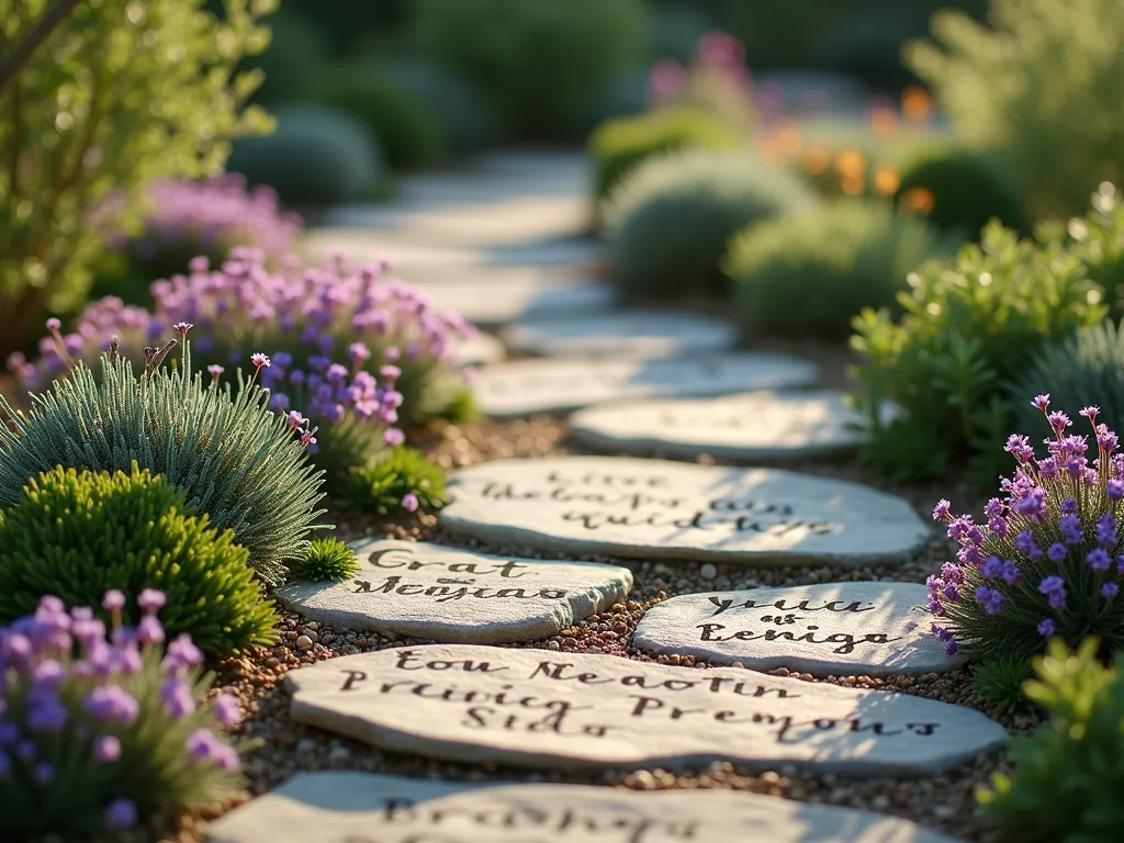 Sacred Memory Stone Prayer Path - A serene, winding garden path made of natural flat stones with handwritten prayers and memories etched on them, softly illuminated by late afternoon sunlight. Lush creeping thyme and purple-flowering sedum spills between the stones, creating a gentle, organic border. The stones are arranged in a meandering pattern through a small, intimate garden space, with some stones appearing newer while others have a weathered patina. Delicate purple and pink thyme blossoms dot the pathway edges, creating a dreamy, spiritual atmosphere. Photorealistic, soft natural lighting, shallow depth of field.