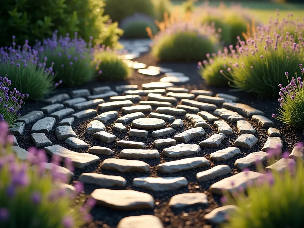 Sacred Stone Labyrinth Prayer Path - A serene miniature stone labyrinth garden shot from a slightly elevated angle, featuring concentric circles made from smooth river stones set against dark mulch. The circular walking path leads to a central meditation point marked by a small stone altar. Fragrant purple lavender and creeping thyme with tiny pink flowers line the path edges, creating a soft, aromatic border. Golden afternoon sunlight casts gentle shadows across the stones, highlighting their natural colors and textures. The overall scene is peaceful and contemplative, with a mystical quality enhanced by a subtle morning mist.