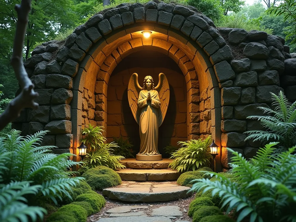 Enchanted Stone Grotto Prayer Nook - A serene intimate prayer grotto with curved natural stone walls forming a sheltered semicircle, architectural photography style. Inside, a weathered stone angel statue serves as a focal point, illuminated by soft warm uplighting. Lush Boston ferns and delicate maidenhair ferns cascade around the edges, while emerald green moss carpets the stone base. Golden dusk lighting filters through, creating a mystical atmosphere. Small lanterns provide gentle ambient lighting. Photorealistic, peaceful atmosphere, high detail, soft shadows.