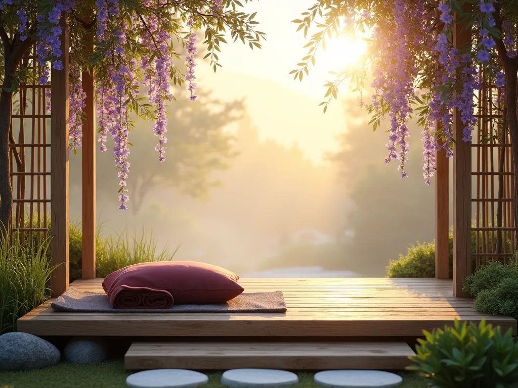 Sunrise Prayer Platform with Morning Glories - A serene elevated wooden platform facing east at dawn, bathed in soft golden morning light. Cascading purple and blue morning glories climb along natural bamboo trellises surrounding the platform. A plush meditation cushion in deep burgundy rests on the platform, with a rolled prayer rug nearby. Misty atmosphere with gentle sunbeams filtering through. Clean Japanese minimalist design with weathered cedar wood. Low ornamental grasses and white stepping stones leading to the platform. Photorealistic, architectural visualization, peaceful atmosphere, golden hour lighting.