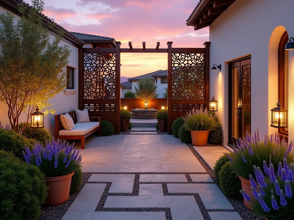 Tranquil Sunset Prayer Terrace - A serene elevated garden terrace at golden hour, featuring a comfortable wooden meditation bench nestled among potted jasmine and evening primrose. Warm sunlight filters through decorative privacy screens, casting gentle shadows. Copper lanterns with soft LED lights line the terrace edges. Stone pavers create a peaceful path, with lavender and moonflowers in copper planters. Soft uplighting illuminates a small water feature. Mediterranean-style white stucco walls provide backdrop. View faces directly into a spectacular sunset with purple and orange sky.