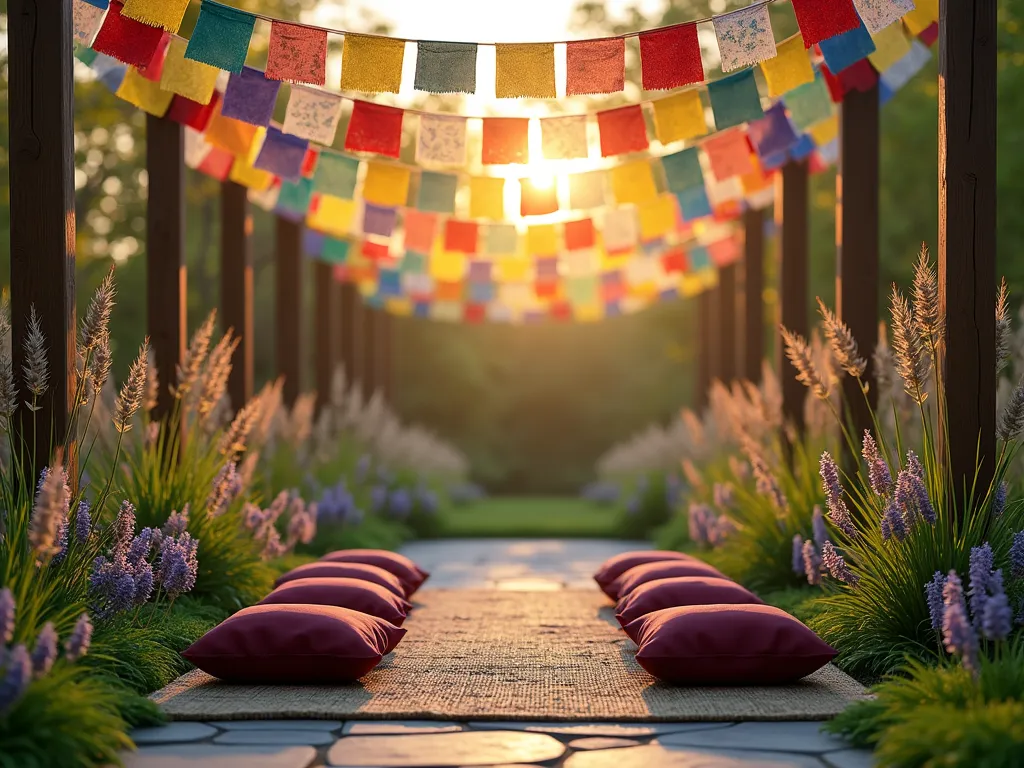 Zen Prayer Flag Garden with Swaying Grasses - A serene garden scene at golden hour, with colorful Tibetan prayer flags gently flowing between wooden posts. Tall Maiden grasses and Purple Fountain grasses sway in the breeze beneath the flags, creating a peaceful rhythm. Natural stone pavers lead to a meditation area with burgundy and deep blue meditation cushions placed on a natural bamboo mat. Soft, diffused lighting filters through the flags, creating a mystical atmosphere. Photorealistic, cinematic lighting, peaceful atmosphere, 4k detailed.