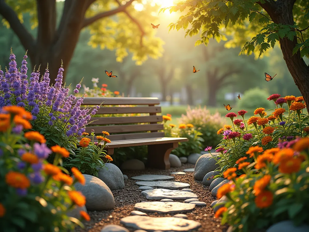 Tranquil Butterfly Prayer Garden - A serene garden scene at golden hour with soft natural lighting, featuring a wooden meditation bench nestled among vibrant butterfly-attracting flowers. Purple butterfly bush in full bloom, orange and yellow lantana clusters, and multicolored zinnias create a colorful tapestry. Several monarch and swallowtail butterflies flutter gracefully around the flowers. A small stone path leads to the bench, with decorative river rocks bordering the garden. Dappled sunlight filters through overhead trees, creating a peaceful atmosphere. Shot in a dreamy, ethereal photography style that emphasizes the spiritual nature of the space. Photorealistic, high detail, peaceful atmosphere.