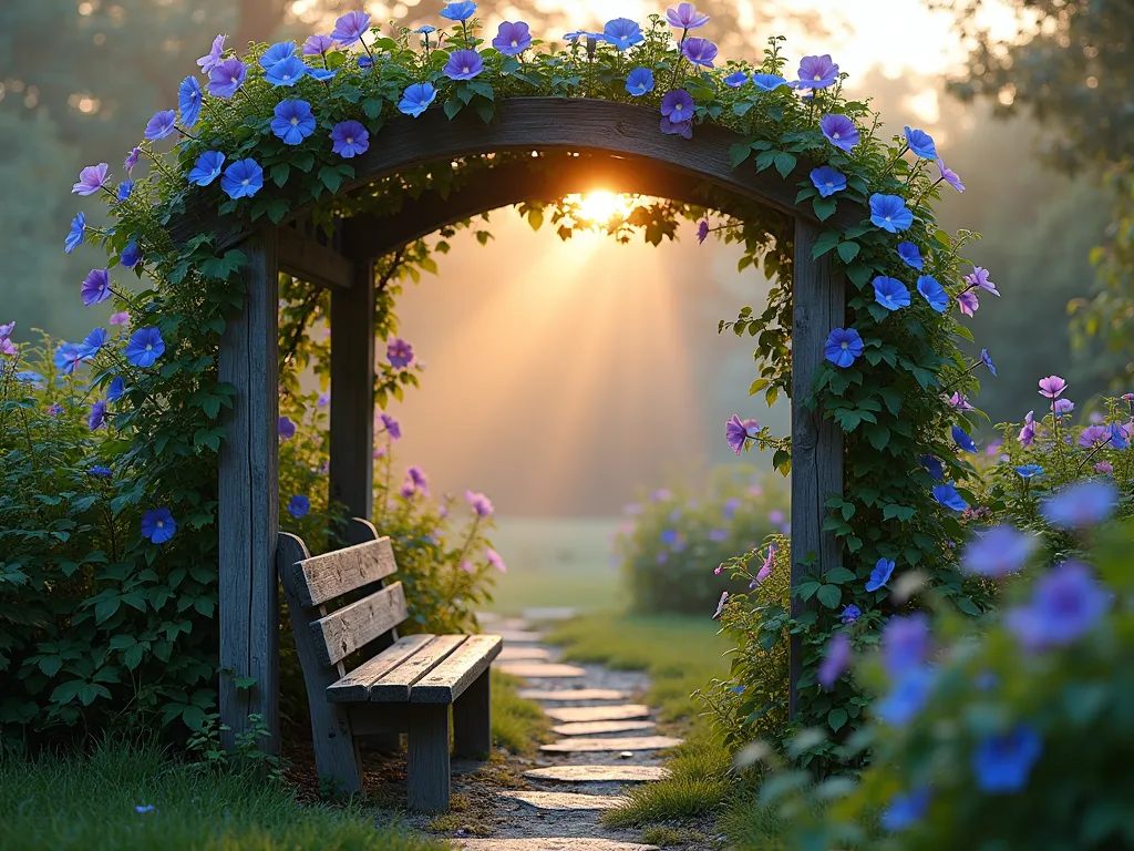 Tranquil Morning Glory Prayer Arch - A serene garden scene with a weathered wooden arch covered in blooming blue and purple morning glory vines, photographed during sunrise with soft golden light filtering through. A rustic wooden prayer bench sits beneath the arch, surrounded by misty morning air. The morning glories are in full bloom, their trumpet-shaped flowers catching the early light. Small stepping stones lead to the arch, with gentle ground cover and peaceful landscaping around the base. Photorealistic, cinematic lighting, architectural photography style, peaceful atmosphere.