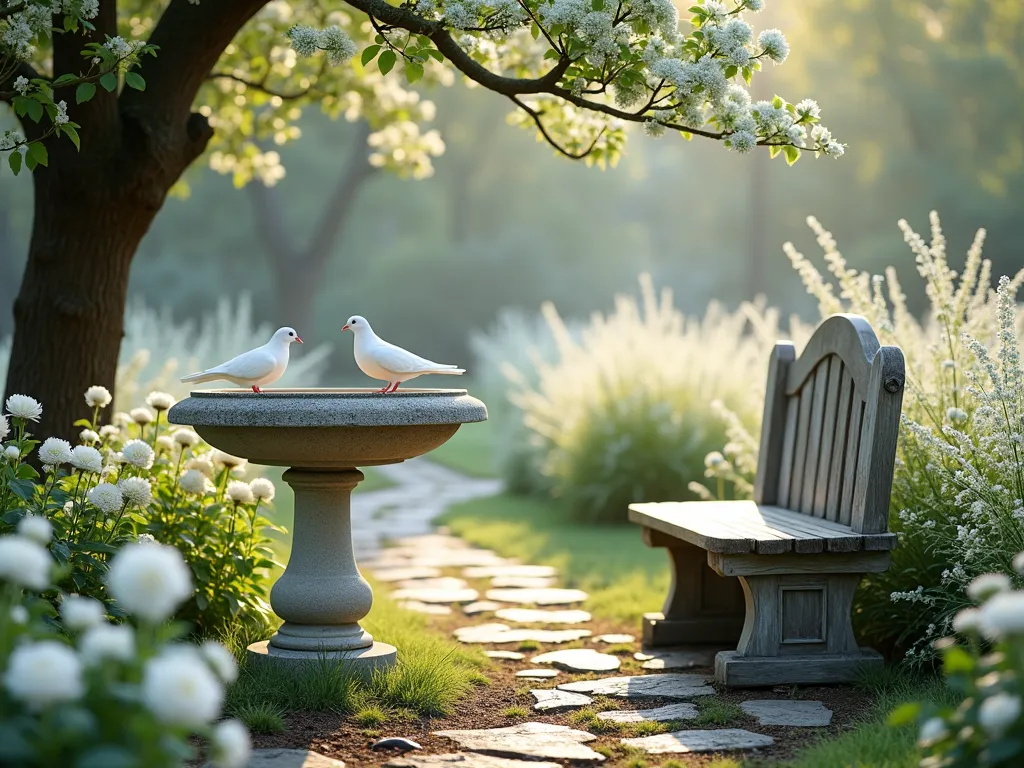 Tranquil White Dove Prayer Garden - A serene garden composition with a white stone birdbath as the centerpiece, surrounded by blooming white roses, white echinacea, and silvery lamb's ear plants. Soft natural lighting illuminates the scene, with a pair of white doves perched on the bath's rim. A weathered wooden meditation bench sits nearby under a white flowering dogwood tree. The garden features a winding stone path lined with white candytuft and dusty miller. Artistic photography style, soft focus background, morning light with gentle mist, creating an ethereal atmosphere.