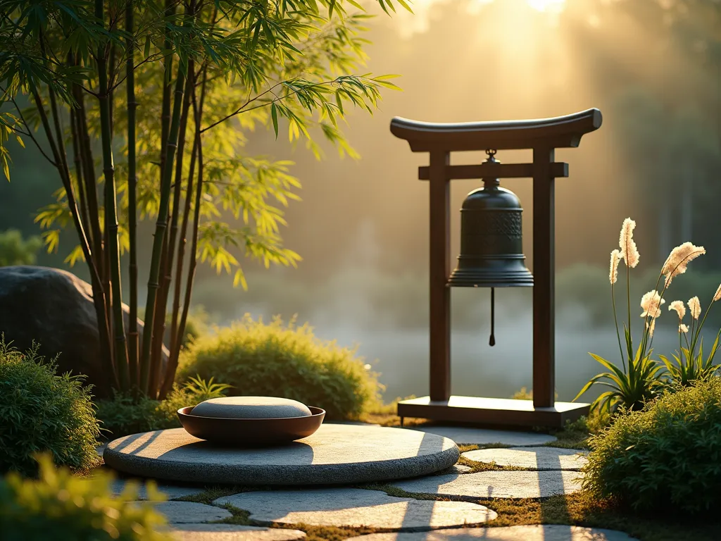 Zen Meditation Bell Garden Corner - A serene garden corner featuring a traditional bronze meditation bell mounted on an elegant wooden stand, surrounded by graceful bamboo stalks and flowing ornamental grasses catching the golden afternoon light. A small circular stone platform for meditation is nestled beneath, decorated with a simple meditation cushion. Soft mist lingers in the background, creating an ethereal atmosphere. The scene is photographed from a slightly elevated angle, showing the harmonious arrangement of elements in this peaceful prayer space.