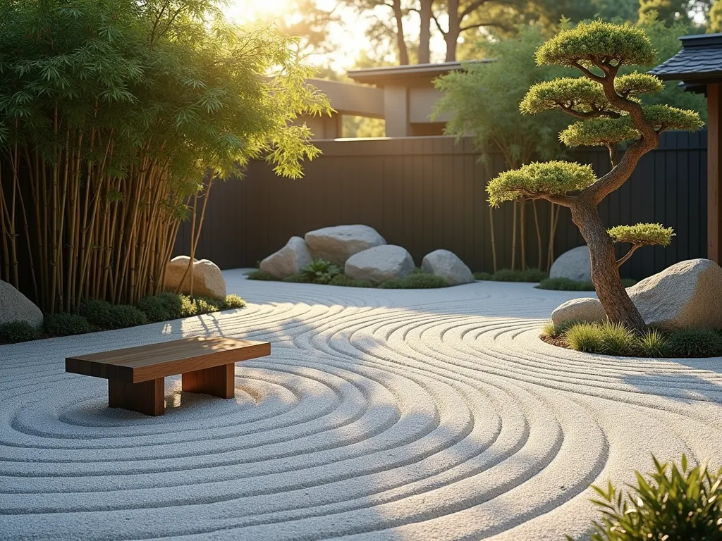 Serene Zen Prayer Garden with Wooden Bench - A tranquil Japanese-inspired prayer garden photographed during golden hour, featuring a handcrafted wooden prayer bench nestled among precisely placed natural stones. Fine white gravel forms mesmerizing concentric circles and flowing patterns, meticulously raked in traditional Zen style. Elegant dwarf bamboo creates a gentle backdrop, while carefully pruned bonsai trees add artistic focal points. Soft, natural lighting casts gentle shadows across the peaceful scene, emphasizing the garden's minimalist design and meditative atmosphere. Architectural photography style, high resolution, peaceful composition.