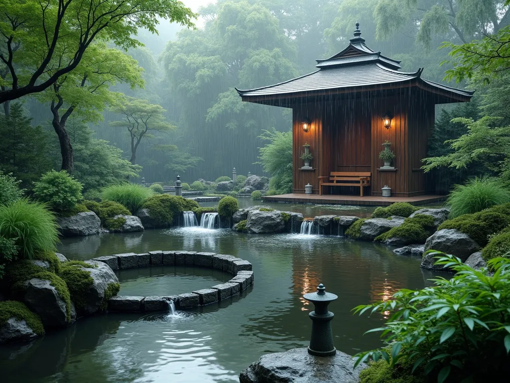 Zen Rain Garden Sanctuary - A serene Japanese-inspired contemplative garden with a small wooden pavilion featuring a peaked Asian roof, protecting a meditation bench. Gentle stone cascades channel rainwater into a series of small interconnected pools surrounded by moss-covered rocks. Japanese forest grass, dwarf bamboo, and rain-loving ferns sway gracefully in the foreground. Soft, misty rainfall creates ripples in the peaceful pools while stone lanterns provide subtle illumination. Water droplets catch the diffused light, creating a mystical atmosphere. Photorealistic, peaceful atmosphere, cinematic lighting.