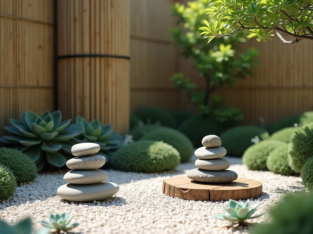 Zen Rock Stack Meditation Corner with Succulents - A serene garden corner featuring artfully balanced stone cairns on a bed of white pebbles, surrounded by a harmonious arrangement of jade plants, echeveria, and other low-growing succulents. Natural sunlight casts gentle shadows across smooth meditation stones placed on a small wooden platform. The scene is bordered by weathered bamboo screens and features a single Japanese maple casting dappled shade. Photorealistic, peaceful atmosphere, soft natural lighting, shallow depth of field, 4K detail.