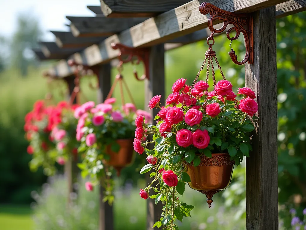 Cascading Rose Basket Privacy Screen - A serene garden scene featuring multiple ornate hanging baskets mounted at varying heights on a weathered wooden pergola, creating a natural privacy screen. Abundant trailing roses in pink and red varieties cascade dramatically from each basket, with 'Red Cascade' and 'Jeanne Lajoie' roses in full bloom. Soft afternoon sunlight filters through the floral curtain, casting delicate shadows. The hanging baskets are styled in vintage copper finish, complementing the roses' rich colors. Perspective shows depth with baskets arranged in a gentle curve, showcasing the vertical gardening technique.