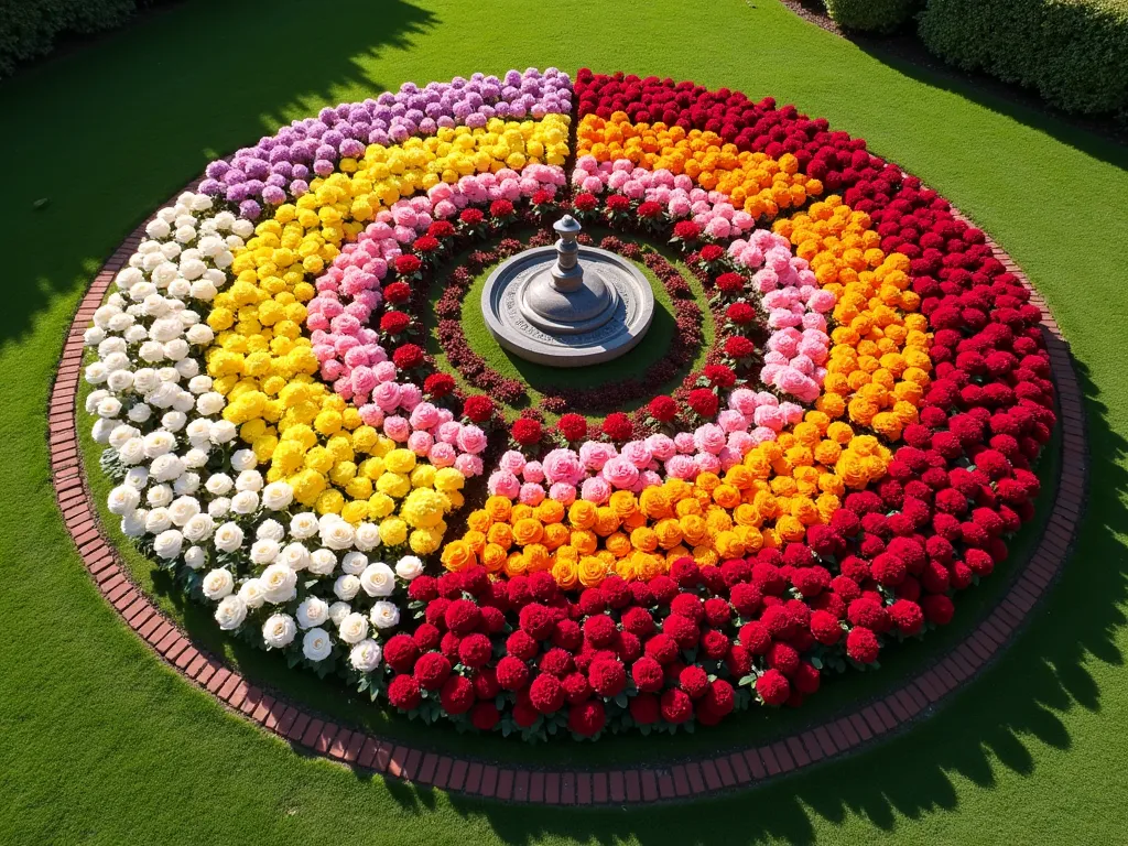 Circular Color Wheel Rose Garden - A beautiful circular garden bed viewed from above, divided into 8 sections like a color wheel. Each segment contains blooming roses arranged in graduating colors from white to yellow to orange to red to burgundy to purple to pink, creating a perfect mandala-like pattern. The garden is bordered by neat brick edging, with a small decorative sundial or fountain in the center. Soft morning light casts gentle shadows across the garden, highlighting the harmonious color transitions. Professional garden photography style, high detail, artistic composition.