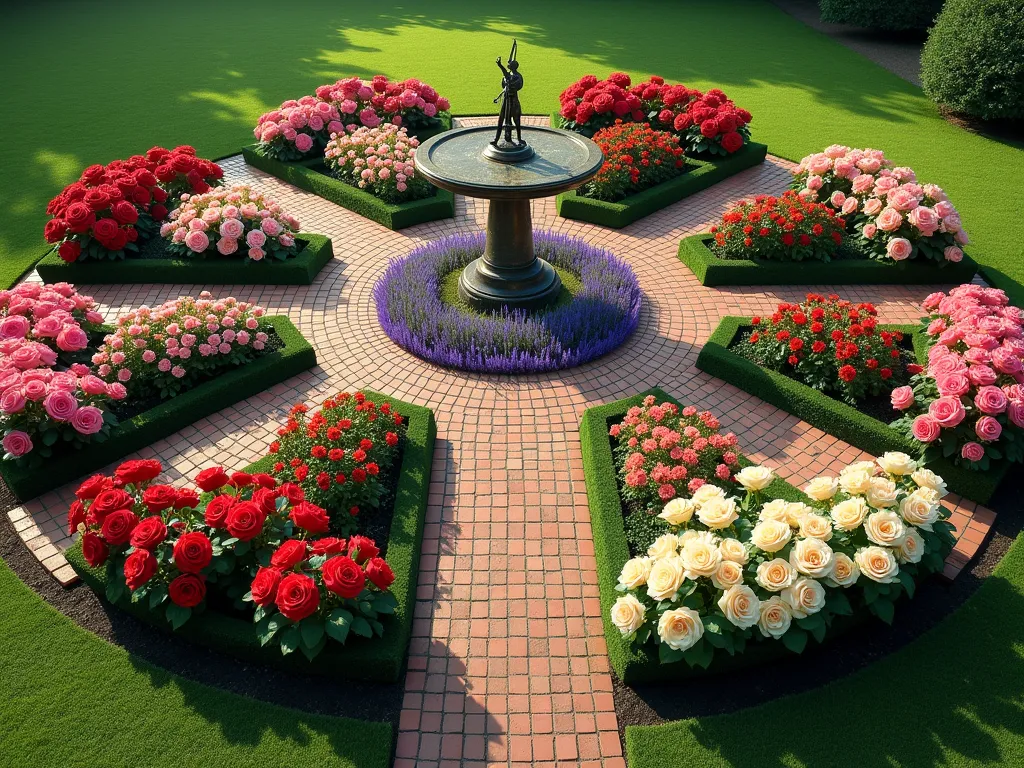 Circular Sundial Rose Garden - A beautifully manicured circular garden divided into 12 distinct segments like a clock face, photographed from a 45-degree angle. Each segment contains different varieties of roses in harmonious colors - from deep reds to soft pinks and creamy whites. At the center stands an ornate bronze sundial on a stone pedestal, surrounded by a small circle of lavender. The segments are divided by narrow brick pathways that radiate outward like clock hands. The garden is captured in soft morning light, with dew drops glistening on the rose petals. Photorealistic, professional garden photography style.