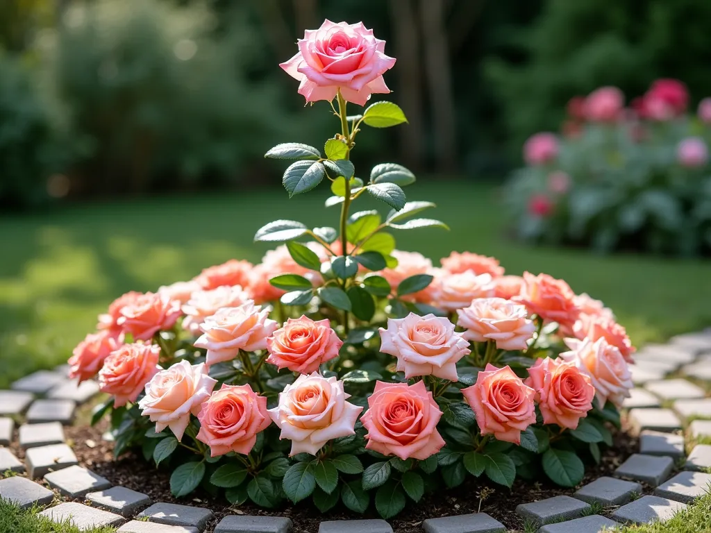 Elegant Circular Rose Garden Patio Display - A professional landscape photograph of a circular rose garden on a patio corner, featuring a tall, elegant pink hybrid tea rose as the centerpiece, surrounded by three concentric rings of gradually shorter roses in harmonious shades of coral, blush, and cream. The roses create a perfect wedding cake tier effect, with the tallest roses in the center stepping down to compact floribundas at the border. The garden is edged with neat cobblestone pavers, and soft morning light illuminates the dewy blooms. The composition is perfectly symmetrical with a photorealistic style, showing meticulous garden design in a small space setting.