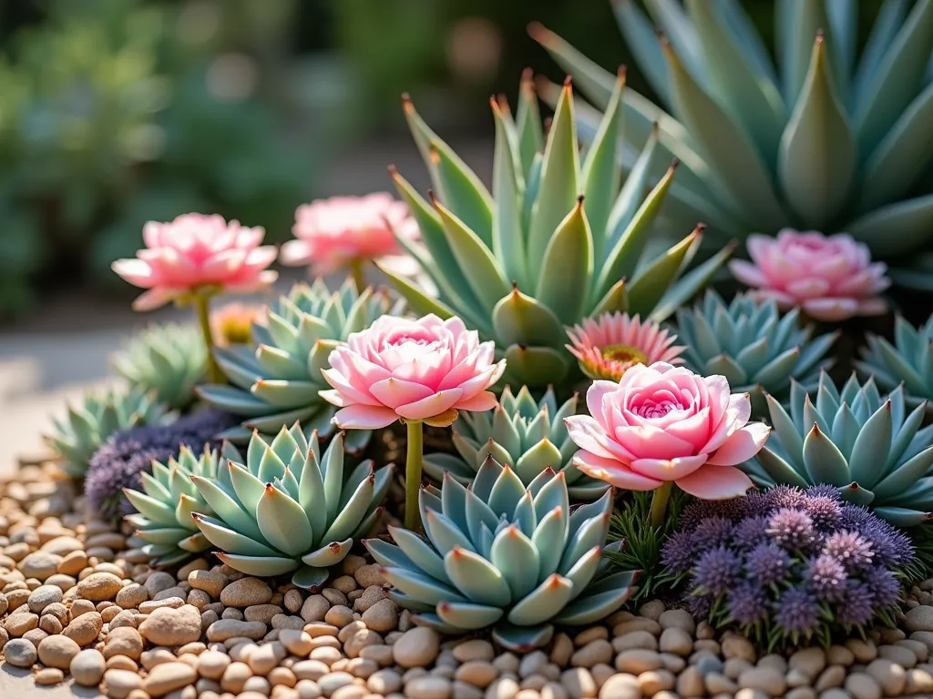 Desert Rose Garden Harmony - A stunning small garden vignette featuring pastel pink drought-resistant roses intermingled with various succulents in a modern xeriscaping style. The roses bloom elegantly among a diverse collection of blue-green and purple echeveria, silvery-green aeoniums, and spiky aloe plants. The ground is covered with decorative pebbles in warm earth tones, creating a natural desert-inspired look. Soft afternoon sunlight casts gentle shadows, highlighting the contrasting textures between the delicate rose petals and the architectural forms of the succulents. Shot from a low angle with subtle depth of field, artistic composition, 4k, hyperrealistic.