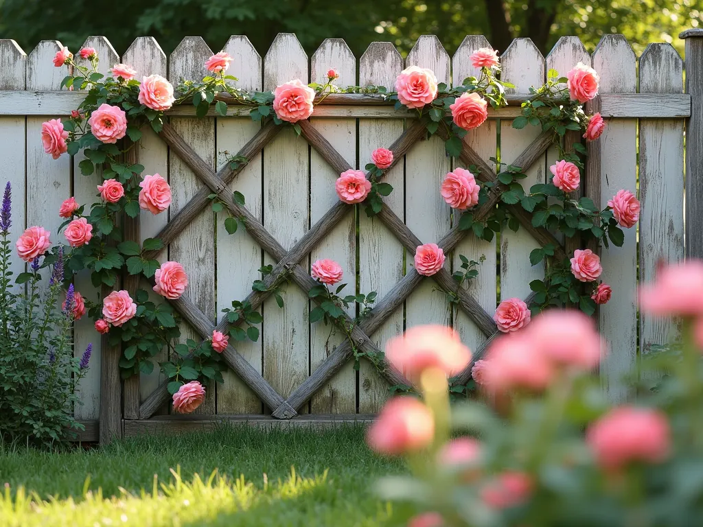 Elegant Espalier Rose Fence - A stunning garden scene featuring coral-pink 'Lady of Shalott' roses trained in a formal espalier pattern against a weathered white wooden fence, shot in late afternoon sunlight. The roses are meticulously pruned and tied to create horizontal and vertical branches forming a symmetrical lattice pattern. Delicate rose blooms cascade along the structured branches, creating a living wall effect. The fence spans 8 feet with roses reaching 6 feet high. Soft bokeh effect in foreground with some lavender plants adding depth. Photorealistic, high detail, architectural garden design, 32 megapixel.