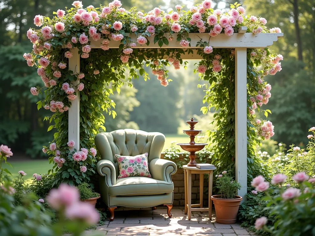 Enchanted Rose Reading Nook - A serene and intimate garden reading nook featuring a white-painted wooden pergola draped with climbing pink David Austin roses and delicate wisteria. A plush, weatherproof armchair in sage green sits beneath, accompanied by a small vintage side table holding a book. A compact copper water fountain gently trickles nearby. Dappled sunlight filters through the rose-covered structure, creating a romantic, cottage-garden atmosphere. The scene is captured in a soft, dreamy photographic style with natural lighting.