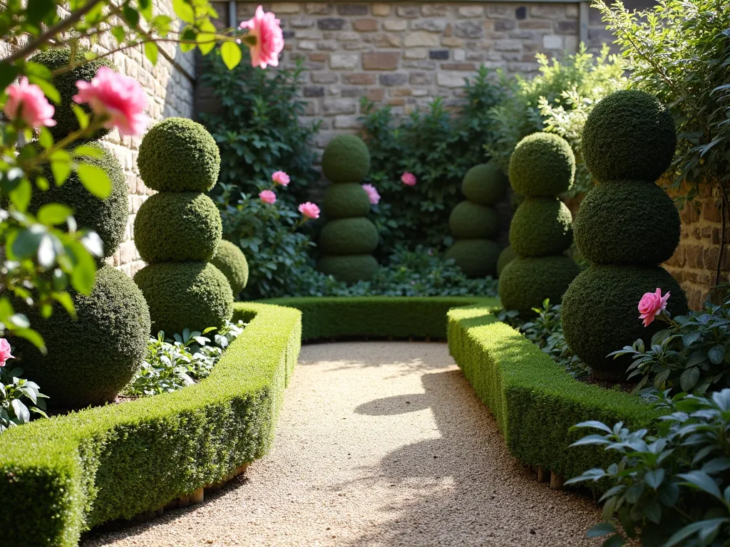 Elegant Rose and Topiary Garden Vignette - A charming intimate garden setting with perfectly manicured boxwood topiaries in spiral and ball shapes interspersed with blooming pink David Austin roses. The topiaries provide architectural structure against a weathered stone wall, while climbing roses softly drape nearby. Sharp geometric gravel paths contrast with the soft, romantic rose blooms. Dramatic morning light casts gentle shadows, creating depth and atmosphere. Style is formal English garden in miniature, with immaculate design and classical proportions.