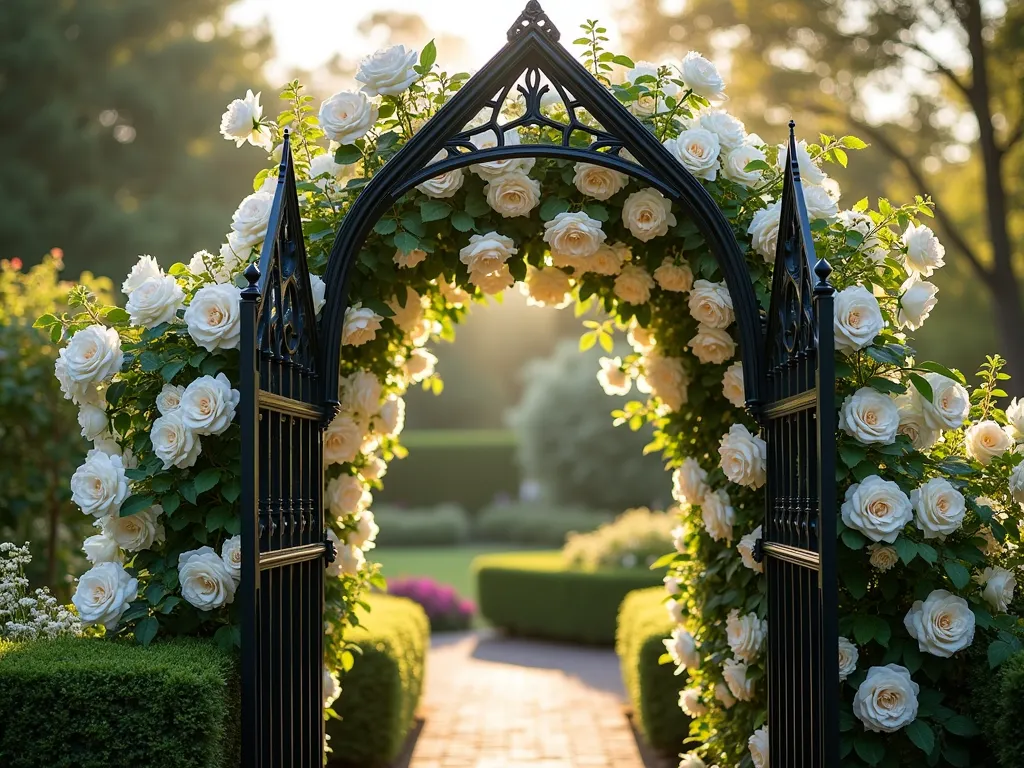 Gothic Rose Arch Garden Entrance - A dramatic black wrought iron gothic-style garden arch with pointed peaks, covered in lush white 'Climbing Iceberg' roses in full bloom, creating an enchanting garden entrance. The climbing roses cascade elegantly over the arch against a soft-focus garden background. Dappled sunlight filters through the roses, creating a romantic atmosphere. The arch is 8 feet tall with intricate Victorian-inspired metalwork, photographed in photorealistic style during golden hour