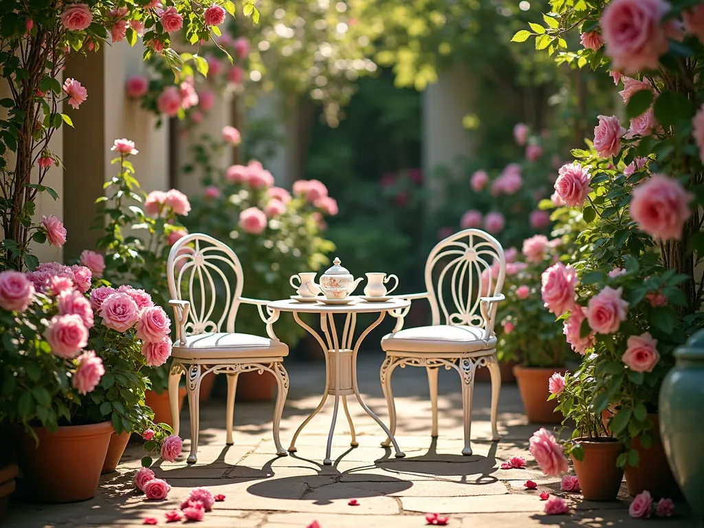 Intimate Rose Tea Garden Retreat - A charming and intimate garden seating area bathed in warm afternoon sunlight, featuring an elegant white wrought-iron bistro set with cushioned chairs and a small round table set for tea. Surrounding the seating area are abundant climbing and potted tea roses in soft pink and deep magenta hues, focusing on the vintage 'Madame Isaac Pereire' roses with their deep purple-pink blooms. Multiple decorative terracotta and ceramic containers at varying heights showcase perfectly manicured rose bushes in full bloom. A delicate tea set rests on the table, complemented by scattered rose petals. The scene is captured in a dreamy, romantic photography style with soft natural lighting filtering through the roses, creating an enchanted cottage garden atmosphere.