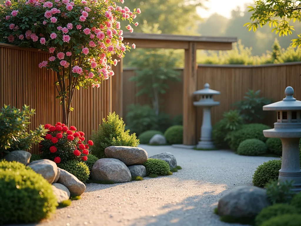 Zen Rose Garden Harmony - A peaceful Japanese garden setting with delicate pink climbing roses cascading over a traditional bamboo fence, stone lanterns casting soft shadows on a pristine raked gravel path. Miniature red Japanese roses blend with ornamental bamboo clusters. A small stone water basin and carefully placed granite rocks create focal points. The scene is captured during golden hour, with gentle lighting enhancing the serene atmosphere. Photorealistic, high detail, 8k quality.