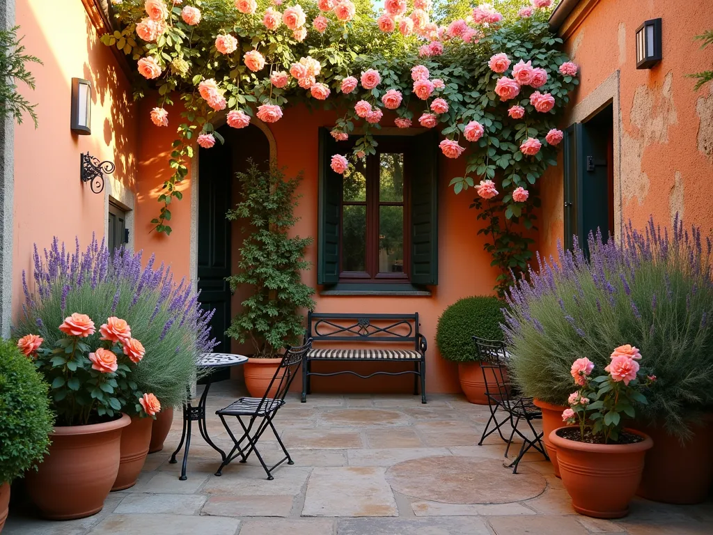 Sunlit Mediterranean Rose Terrace - A charming Mediterranean-style terrace garden photographed during golden hour, featuring climbing pink roses cascading over weathered terracotta walls. Multiple rustic terracotta pots of varying sizes contain blooming David Austin roses in coral and apricot hues. Purple lavender bushes and silvery rosemary plants create a fragrant border. The space is intimate and warm, with natural stone flooring, and a wrought iron bistro set partially visible. Soft Mediterranean sunlight filters through, creating long shadows and highlighting the textural contrast between the rough terracotta, delicate rose petals, and aromatic herbs. Architectural photography style, f/5.6, golden hour lighting.