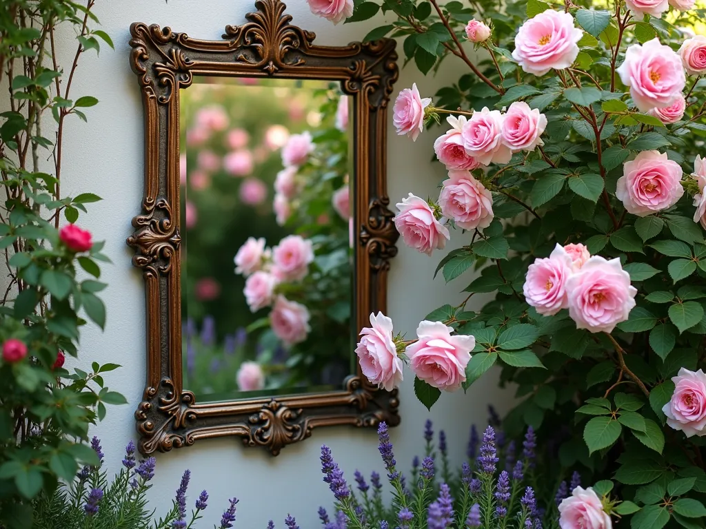 Elegant Mirror Rose Wall Garden - A charming intimate garden corner featuring climbing pink David Austin roses against an ornate weathered bronze outdoor mirror wall. The roses are in full bloom, with soft afternoon sunlight creating a magical play of reflections. The mirror doubles the visual impact of the roses while making the small space appear larger and more open. Vintage-style garden elements and some English lavender at the base create a romantic cottage garden feel. The scene is captured from a slight angle to show both the real roses and their mirror reflections.