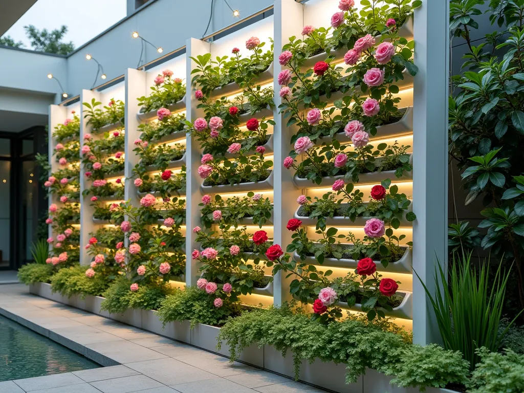 Modern Hydroponic Rose Wall - A sleek, vertical hydroponic garden wall system in a contemporary outdoor space, featuring cascading pink and red roses growing from modern white modular panels. Gentle water flows through transparent tubes, with LED grow lights creating a soft ambient glow. The roses are perfectly arranged in neat rows, showcasing full blooms against a clean architectural backdrop. The installation appears both high-tech and organic, with lush green foliage complementing the blooming roses.