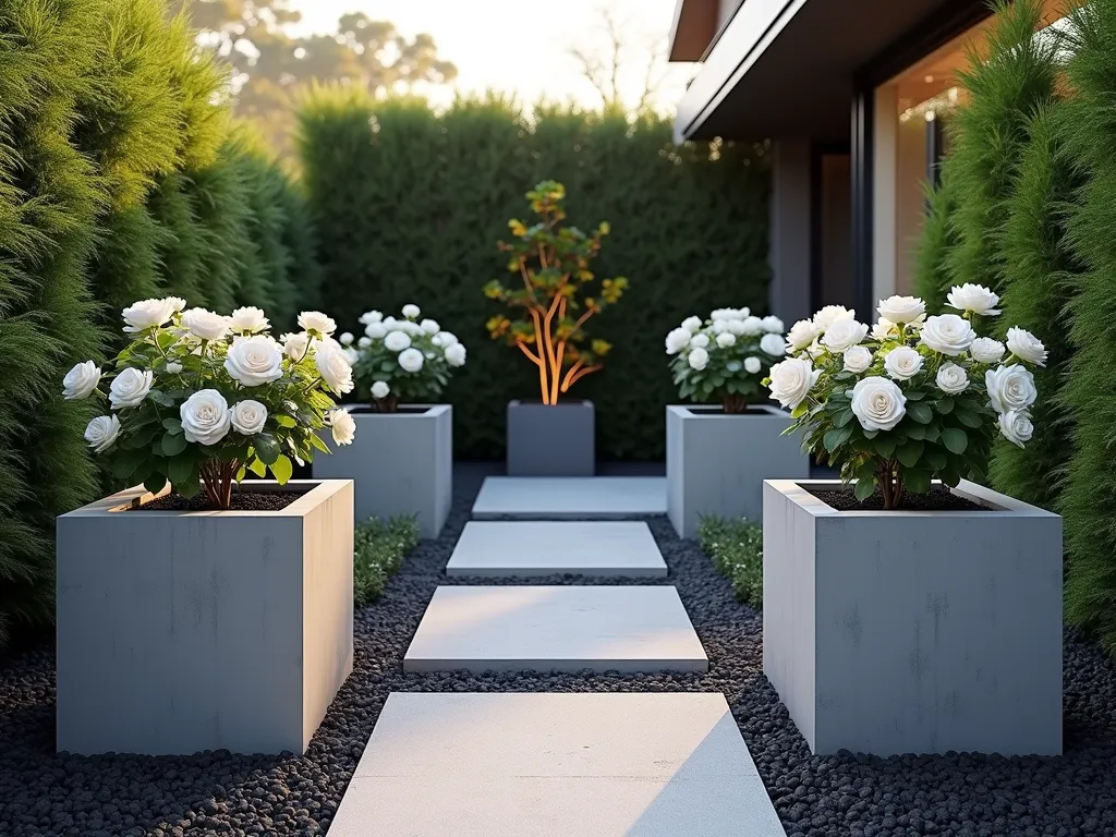 Modern Minimalist Rose Garden with Geometric Planters - A sleek modern garden space featuring three large rectangular concrete planters in varying heights, arranged in a geometric pattern. Each planter contains perfectly manicured white David Austin roses against dark mulch. The clean lines of the planters contrast with the soft, rounded rose blooms. A light gray stone paver pathway intersects between the planters. Minimal Japanese-inspired landscaping with subtle architectural lighting. Shot during golden hour with soft shadows, emphasizing the contemporary design. Photorealistic, high-end architectural photography style.