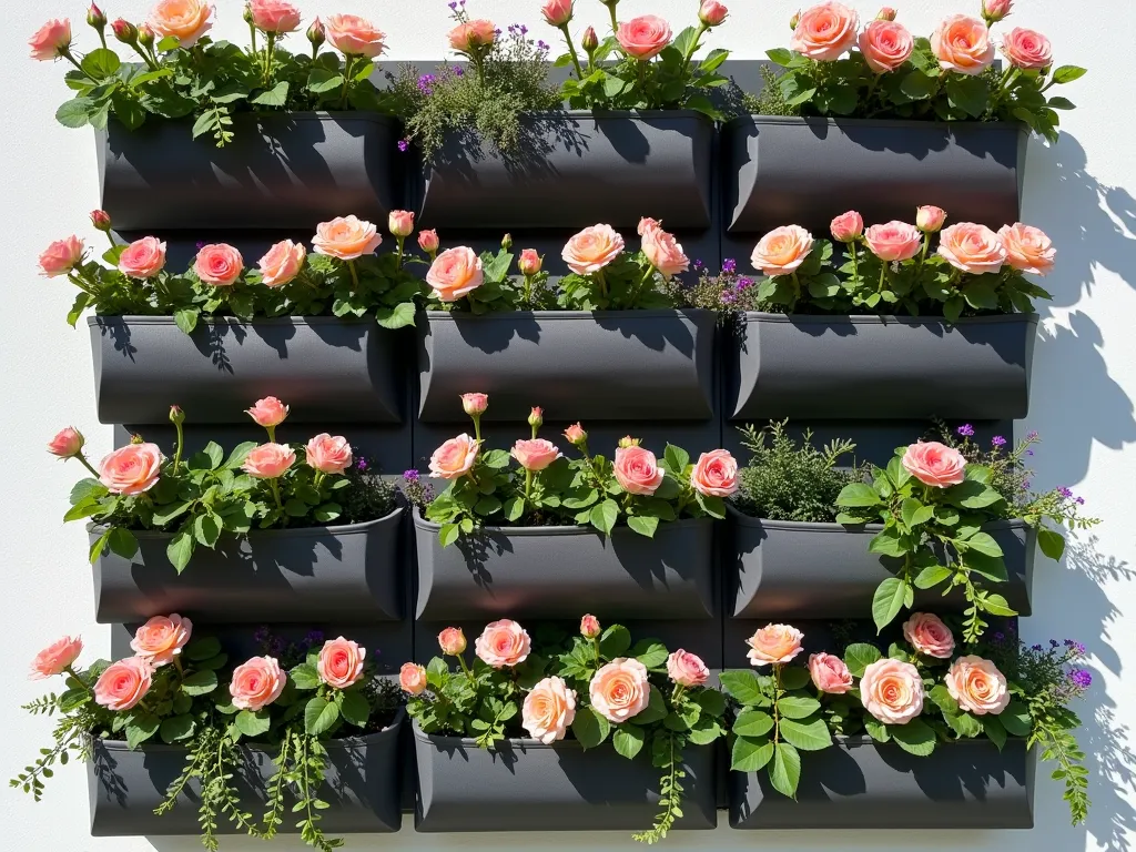 Modern Vertical Rose Pocket Garden Wall - A stunning vertical garden wall featuring multiple rows of dark grey fabric pocket planters against a modern white wall, filled with blooming pink and peach miniature roses, cascading ivy, and small purple verbena. The living wall is photographed in natural sunlight, creating subtle shadows that emphasize the dimensional quality of the installation. The roses appear fresh and vibrant, with some pockets featuring delicate green foliage creating texture and depth. The overall composition is neat and organized, showcasing a perfect blend of architectural elements and natural beauty.