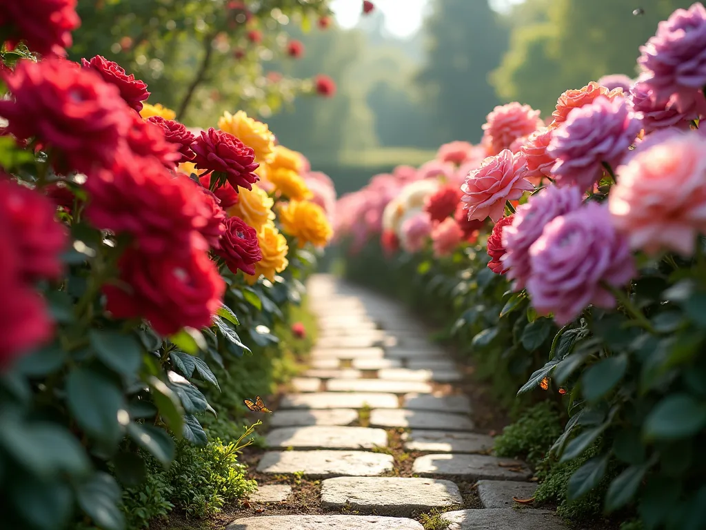 Rainbow Rose Garden Pathway - A charming narrow garden pathway viewed at eye level, lined with blooming roses arranged in a gradient from red to violet. The roses are meticulously planted in ascending heights, creating a natural archway effect. The path is made of natural stone pavers with tiny groundcover plants between them. Starting with deep red roses in the foreground, transitioning through coral, yellow, pink, and ending with purple roses in the distance. Soft morning light filters through the roses, creating a dreamy, enchanted atmosphere. Small butterflies hover near the blooms, and dewdrops glisten on the petals. The path curves slightly, leading the eye through the rainbow of roses.