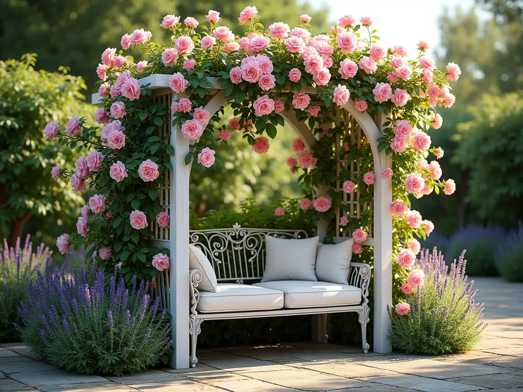 Romantic Corner Rose Arbor Retreat - A charming garden corner featuring a white wooden diagonal arbor covered in blooming pink climbing roses, set at a 45-degree angle in the corner of a small garden. Lush pink and white David Austin roses cascade down the structure, creating a romantic canopy. Below sits an elegant wrought iron garden bench with plush weatherproof cushions. Natural sunlight filters through the roses, creating dappled shadows on the stone paving below. The scene is complemented by soft lavender plants and green foliage at the base, creating an intimate, cottage garden atmosphere. Photorealistic, golden hour lighting, architectural detail, 4k quality.