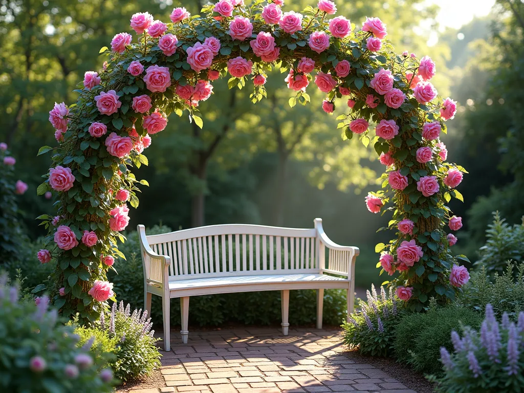 Romantic Rose-Covered Garden Arch with Built-in Bench - A dreamy garden vignette featuring an elegant white wrought-iron arch with integrated curved bench seating, abundantly draped with blooming pink climbing roses. The roses cascade down both sides of the arch, creating a romantic tunnel effect. Soft afternoon sunlight filters through the roses, casting delicate shadows on the weathered wooden bench seat below. Small clusters of lavender and white perennials accent the base of the arch. The intimate setting is nestled in a cozy garden corner with aged brick pavers and trailing ivy, photorealistic style.