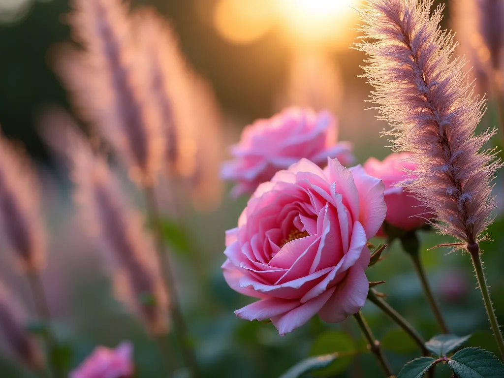 Rose and Ornamental Grass Garden Harmony - A picturesque small garden vignette with pink climbing roses intermingled with feathery purple fountain grass, shot during golden hour. The roses are in full bloom, creating a stunning contrast against the swaying, silvery-purple grass plumes. The composition shows intimate garden detail with soft bokeh effect, featuring David Austin roses and Mexican feather grass in a 4x4 foot space. Morning dew glistens on both the rose petals and grass blades, creating a magical, ethereal atmosphere.