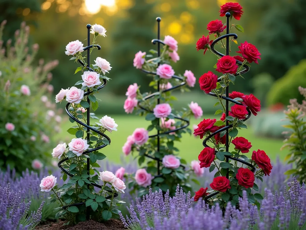 Elegant Spiral Rose Obelisk Garden - A charming garden vignette featuring three black wrought-iron spiral obelisks arranged in a triangular pattern, each supporting different climbing roses in pink, white, and deep red. The roses gracefully wind up the structures, creating a dramatic vertical display. The base is beautifully underplanted with lavender and purple salvia, creating a soft, romantic carpet. Photographed in warm morning light with a shallow depth of field, giving the scene an enchanted garden atmosphere. The background is softly blurred, highlighting the vertical drama of the rose-covered obelisks.