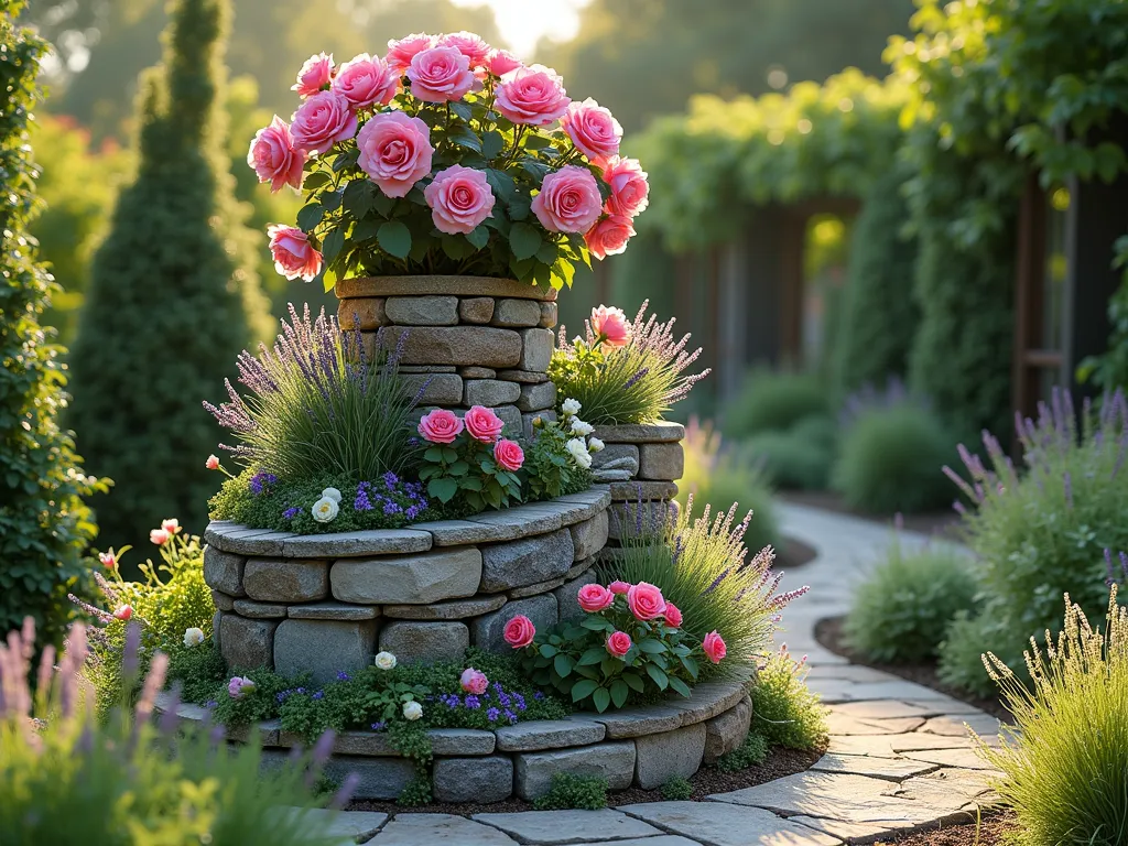 Spiral Rose and Herb Garden - A dreamy, elevated spiral garden structure photographed from a 45-degree angle, featuring a natural stone terraced spiral that rises 3 feet high. At the apex, a stunning pink David Austin rose bush blooms majestically. The spiral gracefully descends with smaller climbing roses in coral and white, interspersed with silver-leafed lavender, purple sage, and flowering thyme. Soft morning light casts gentle shadows across the weathered stone walls. The spiral design creates a mesmerizing pattern, with herbs cascading over the edges of each tier. Garden pathways wind around the base, lined with creeping rosemary. Photorealistic, architectural garden photography style, f/2.8 aperture, golden hour lighting.