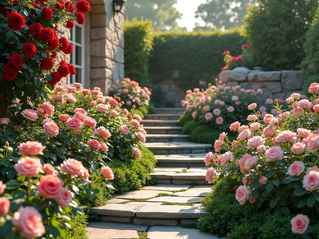 Terraced Rose Theater Garden - A photorealistic garden scene featuring an elegant terraced rose garden with 3 stepped levels against a rustic stone retaining wall. Climbing roses and tall hybrid tea roses in deep reds and pinks cascade from the top level, medium-sized floribunda roses in soft peach and coral fill the middle tier, and compact ground cover roses in pastel pink and white spill over the front edge. Morning sunlight filters through the roses, creating a romantic atmosphere. Natural stone steps weave through the display, with small patches of ivy between the cracks. Professional garden photography style, soft bokeh background.