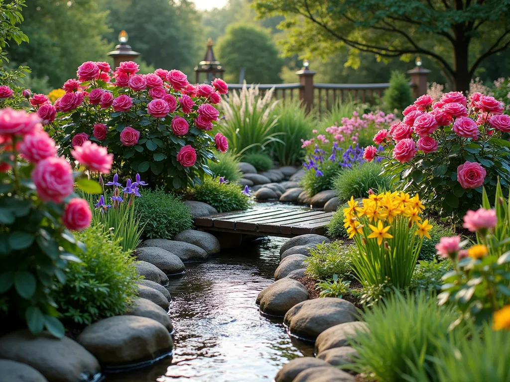 Sunken Rose Rain Garden Sanctuary - A beautifully landscaped sunken rain garden with gently sloping sides, featuring clusters of pink knockout roses and deep red climbing roses. The garden includes moisture-loving companion plants like purple iris, yellow daylilies, and ornamental grasses creating a layered effect. Natural stone borders edge the depression, with a small decorative wooden bridge crossing one section. Soft morning light illuminates water droplets on the roses, creating a dreamy atmosphere. The garden has a natural, cottage-style aesthetic with thoughtful organization and environmental functionality.