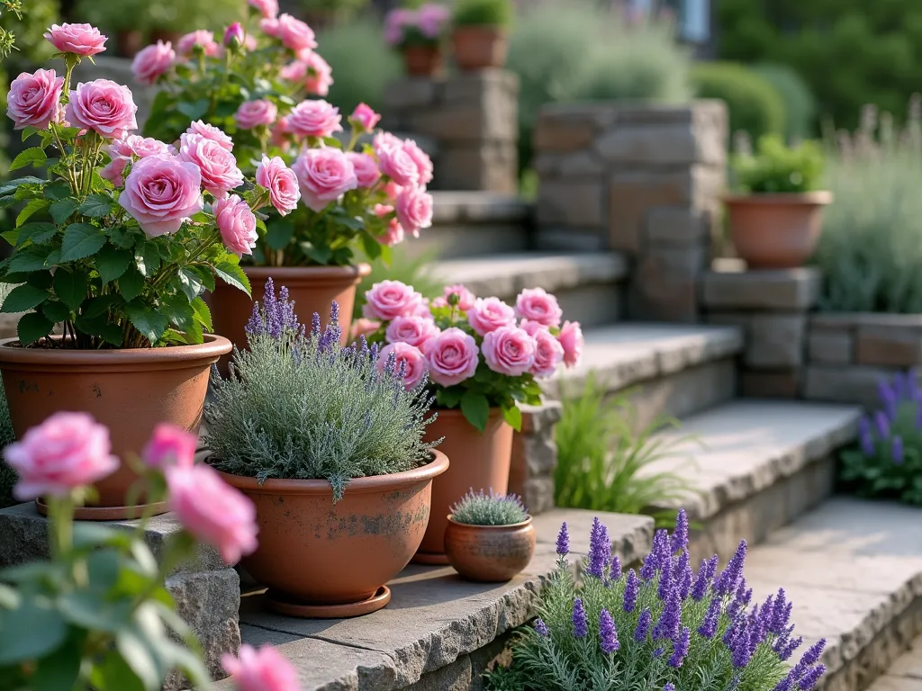 Elegant Tiered Rose Container Garden - A charming terrace garden setting with natural stone steps displaying multiple levels of expertly arranged containers. Modern ceramic pots in varying heights and soft terracotta tones showcase blooming pink 'Petit Pink' roses. Cascading purple lavender and silver-leafed dusty miller spill from weathered copper planters, creating a romantic cottage garden aesthetic. Soft evening sunlight casts gentle shadows across the weathered stone steps, highlighting the layered garden design. Smaller complementary flowers in cool purples and pinks fill decorative ceramic bowls on the lower tiers. Photorealistic, high-detail garden photography style.